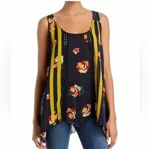 Johnny Was Emily Hi Lo Tank Blouse Floral Sleeveless Navy Yellow Women's M